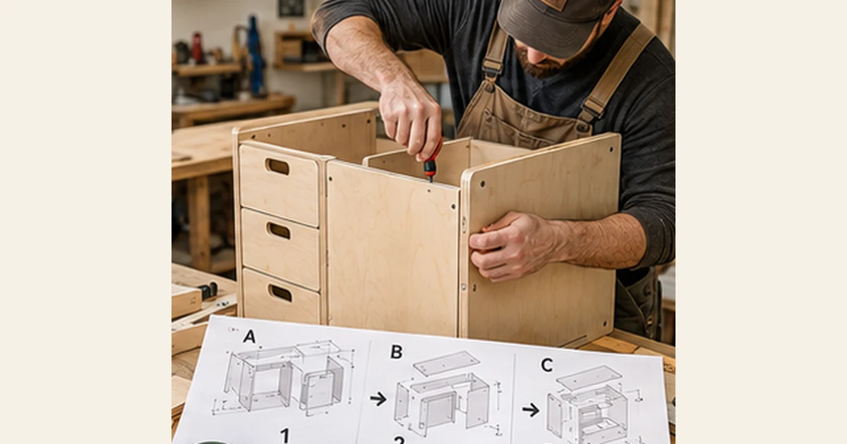 Assembling a flat-pack plywood cabinet with a screwdriver and a printed guide