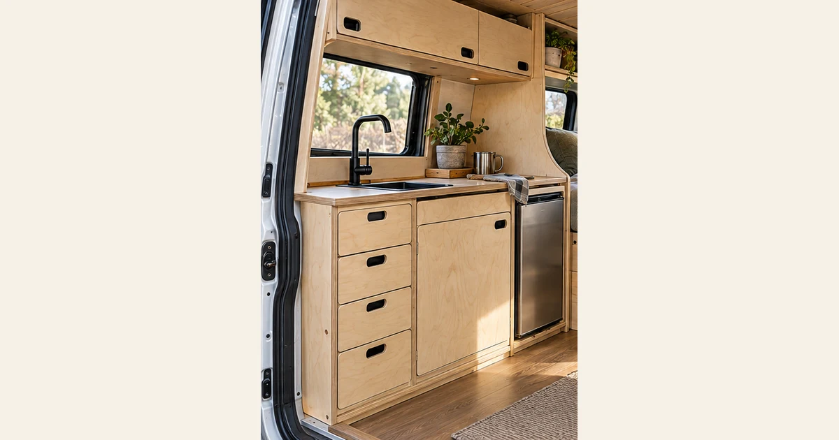 Finished plywood campervan kitchen with sink, drawers and fridge