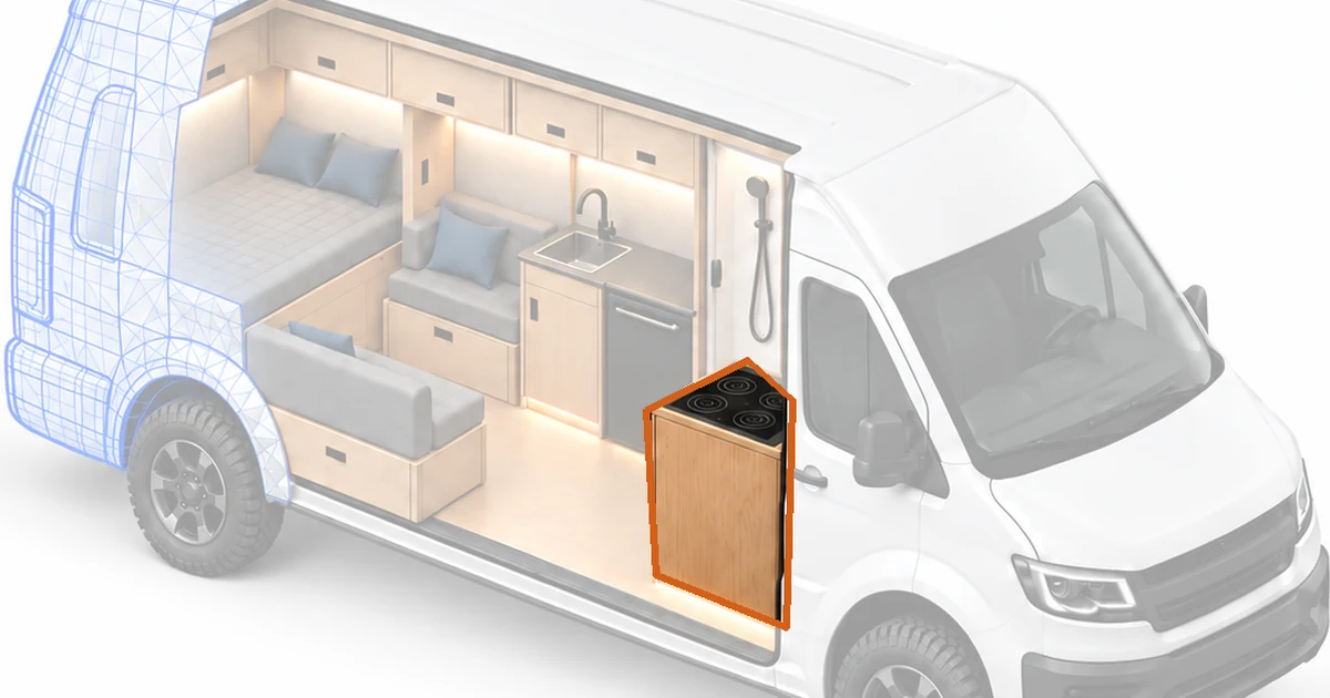 Cutaway campervan with a kitchen cabinet highlighted, used to check fit before cutting