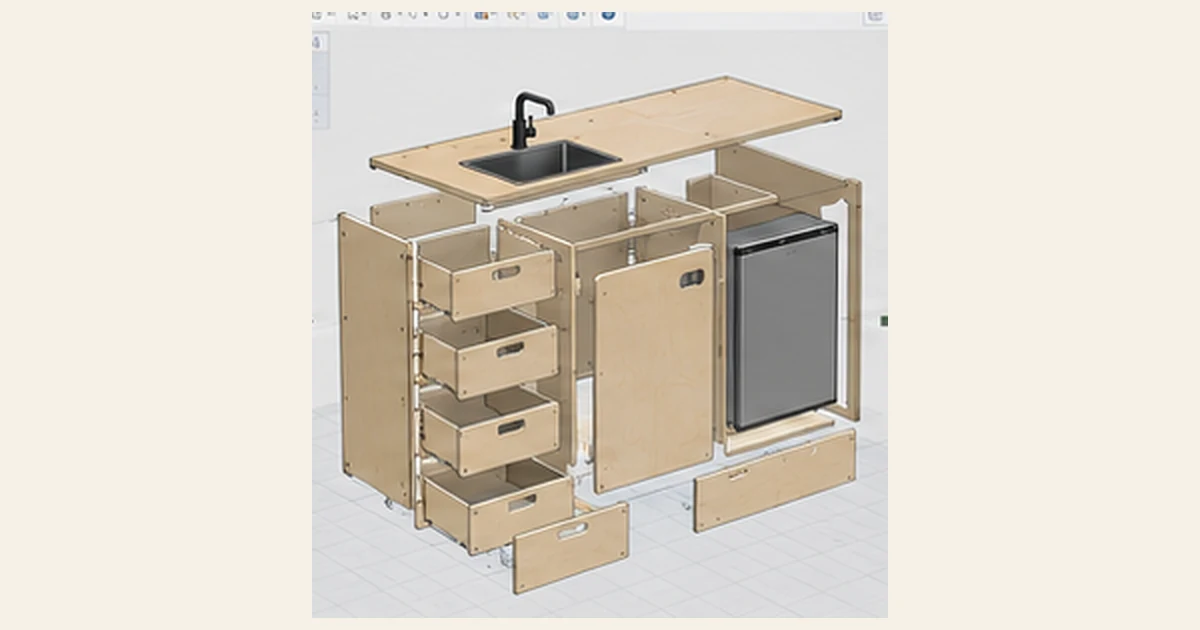 Exploded 3D view of a campervan kitchen cabinet with drawers and fridge space