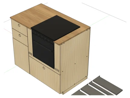 Finished DoIt Camper Kitchen plywood cabinet with hob cut-out, drawers and oak-look worktop, 3D render
