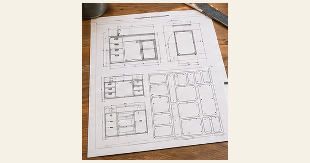 Printed technical drawings of campervan furniture parts and a nested cut layout