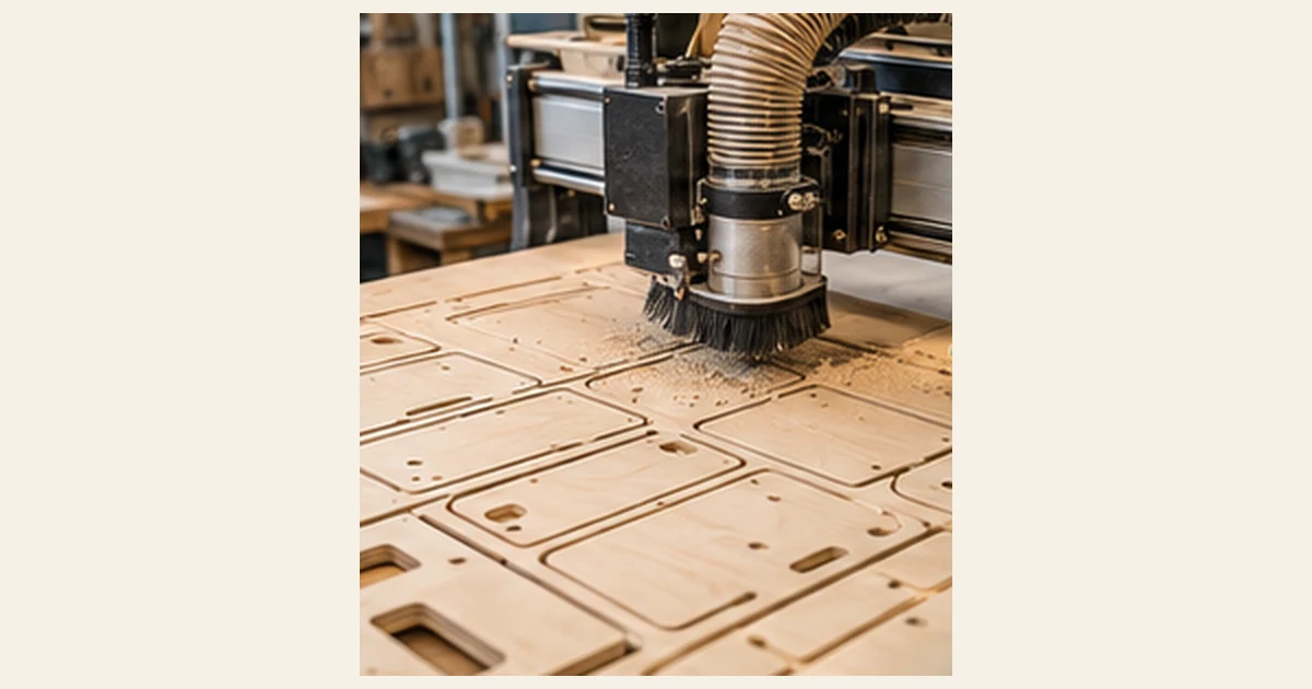 CNC router cutting plywood furniture parts from a nested DXF layout